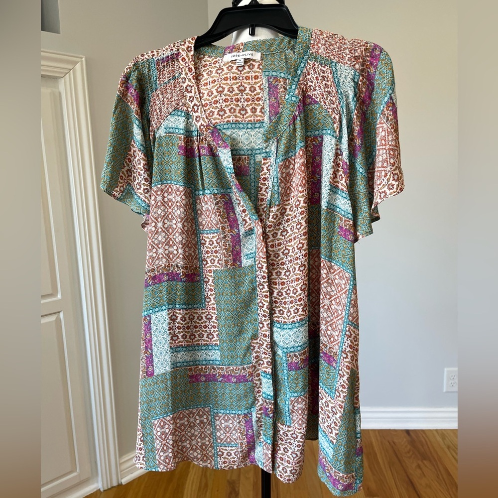 Rose & Olive women's plus size 2X floral patchwork flowy work office button top